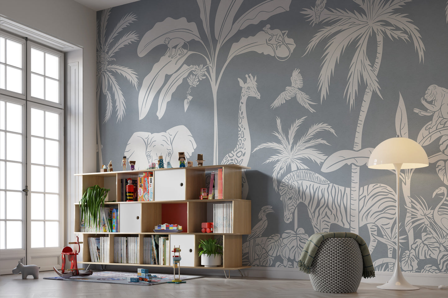 Premium Monochrome Jungle Blue Wall Mural in a modern study room with a wooden shelf and a comfortable grey chair.