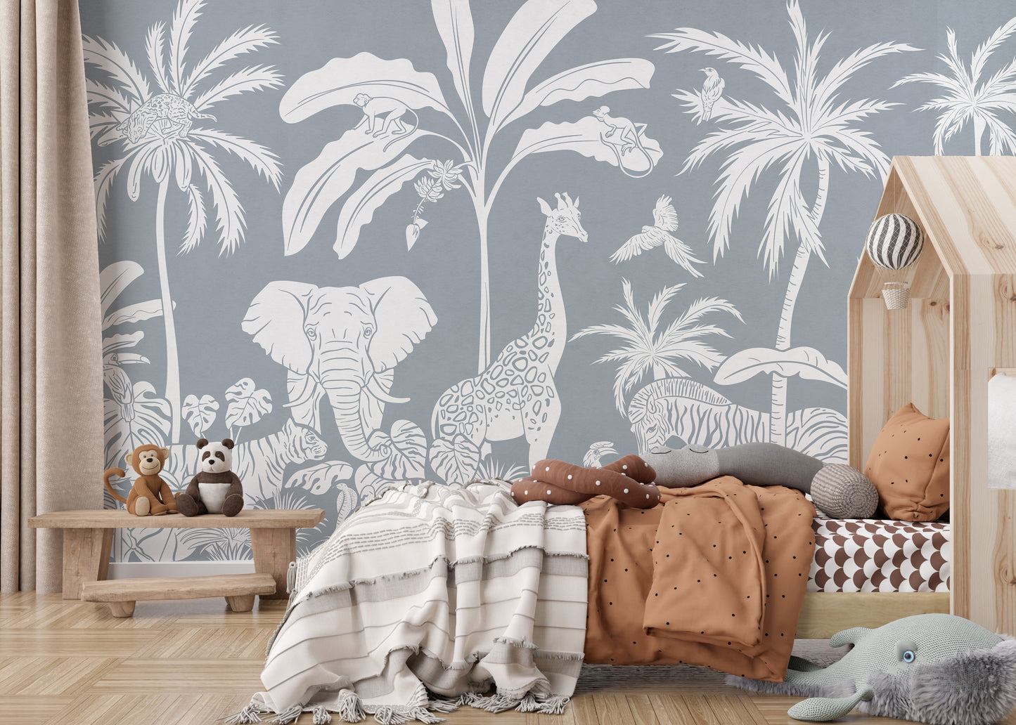 Scandi Monochrome Jungle Blue Wall Mural on canvas in a bright kids bedroom with a wooden house bed frame.