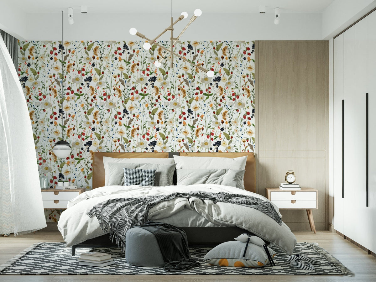 Wild Berry Bliss wallpaper, watercolor botanical pattern, berries, wildflowers.