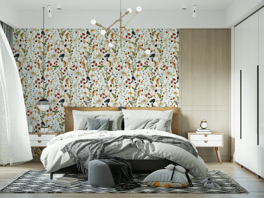Wild Berry Bliss wallpaper, watercolor botanical pattern, berries, wildflowers.