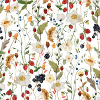 White floral Wild Berry Bliss, charming meadow inspiration, subtle colors.