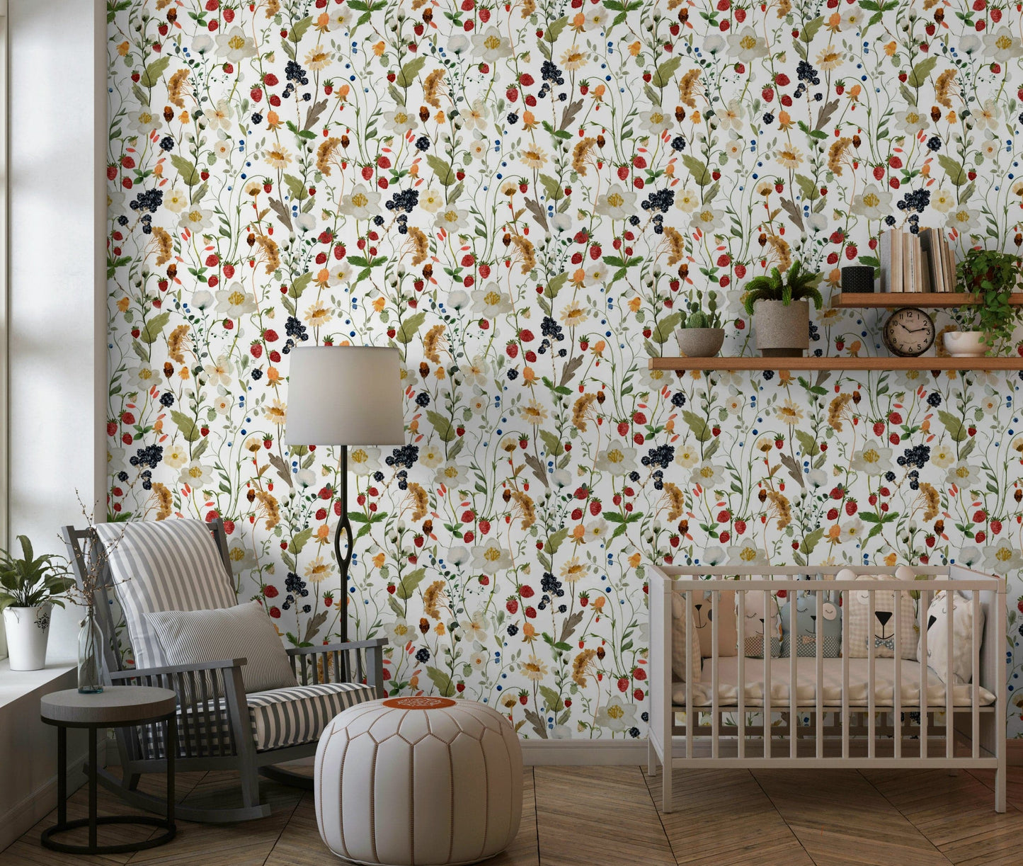 Wild Berry Bliss wall covering, artistic illustration, bright forest fruits.