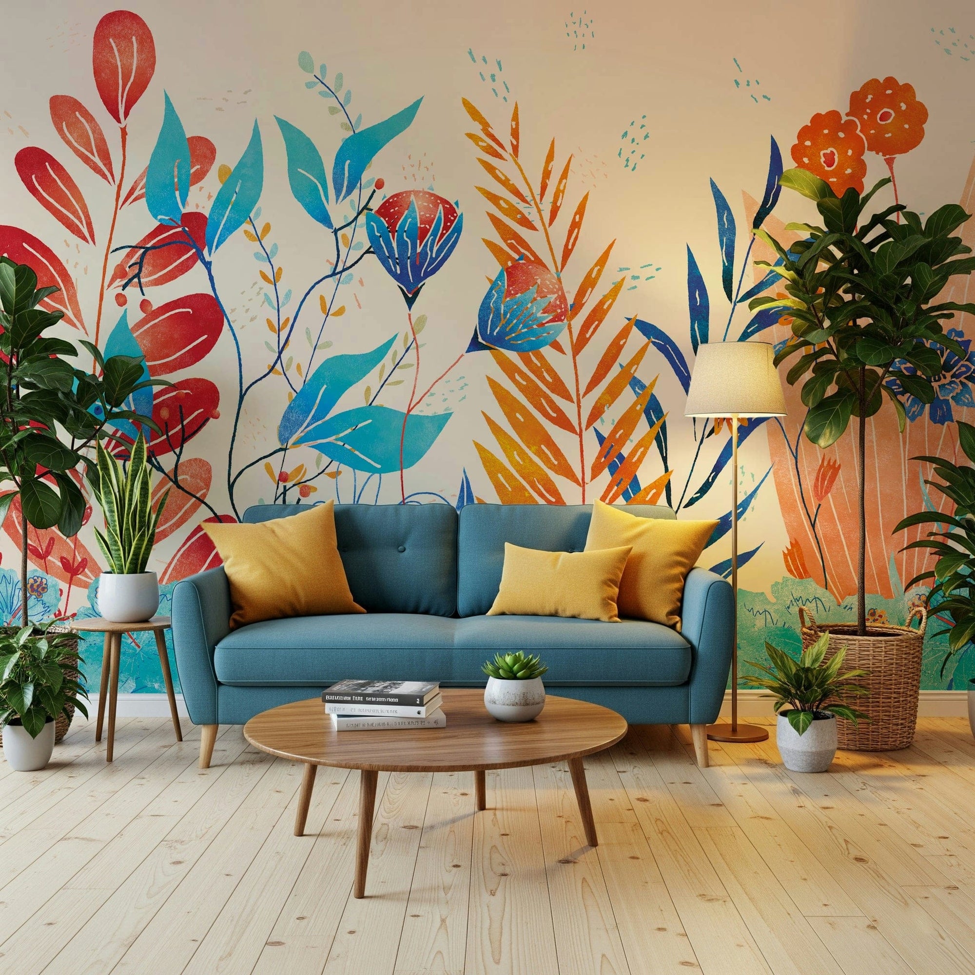Wild Bloom Symphony wallpaper mural of red, blue and orange wildflowers behind a teal sofa with yellow pillows
