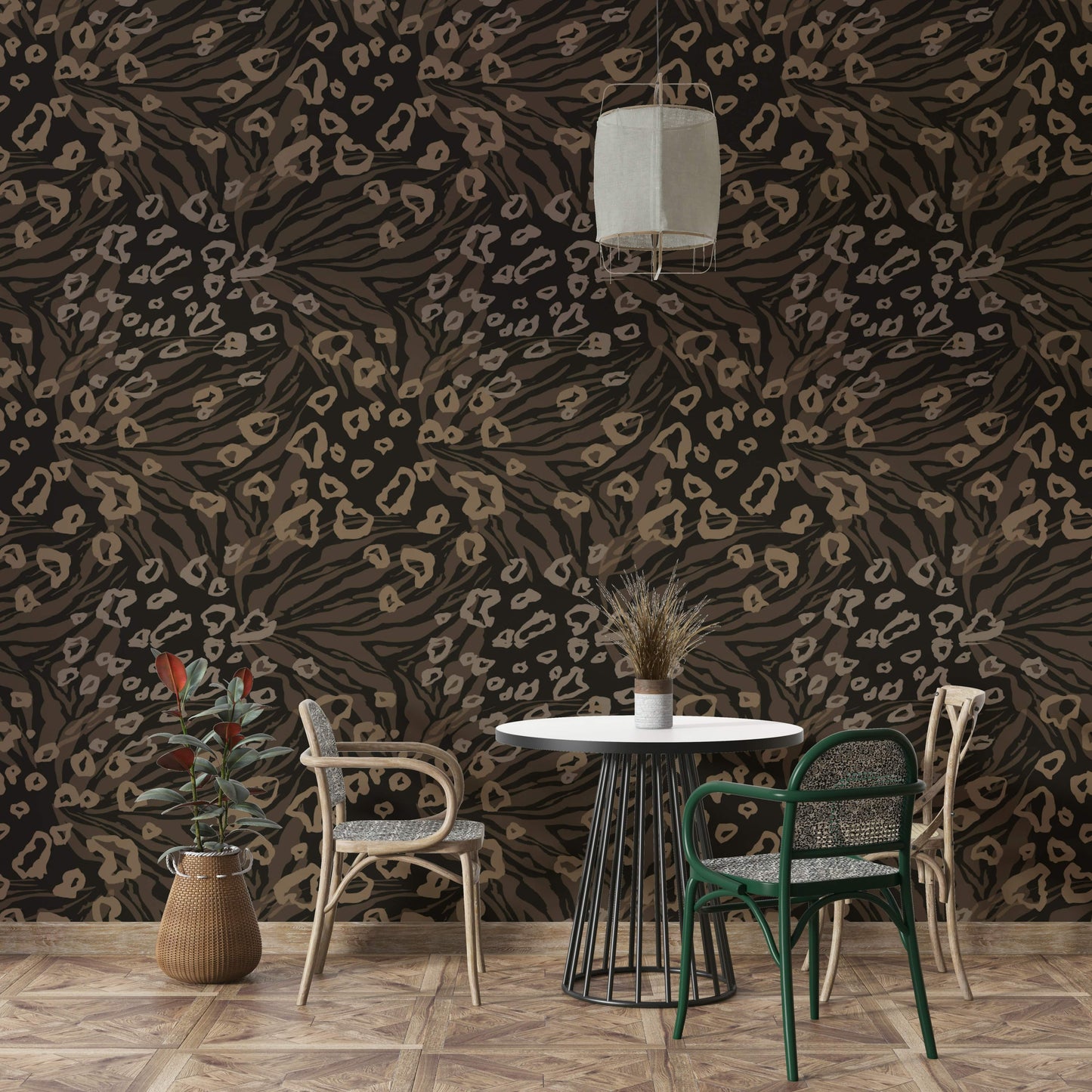 An artistic textured animal mural on minimalist wallpaper.

