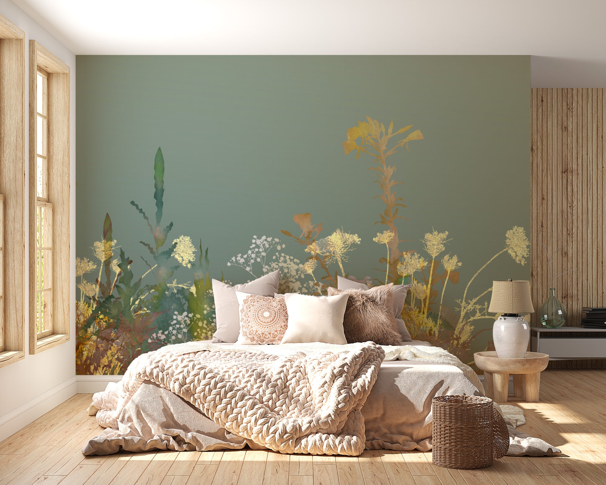 Wild Flower Design Art wallpaper mural in sage green with golden blooms behind a low blush bed in a bedroom