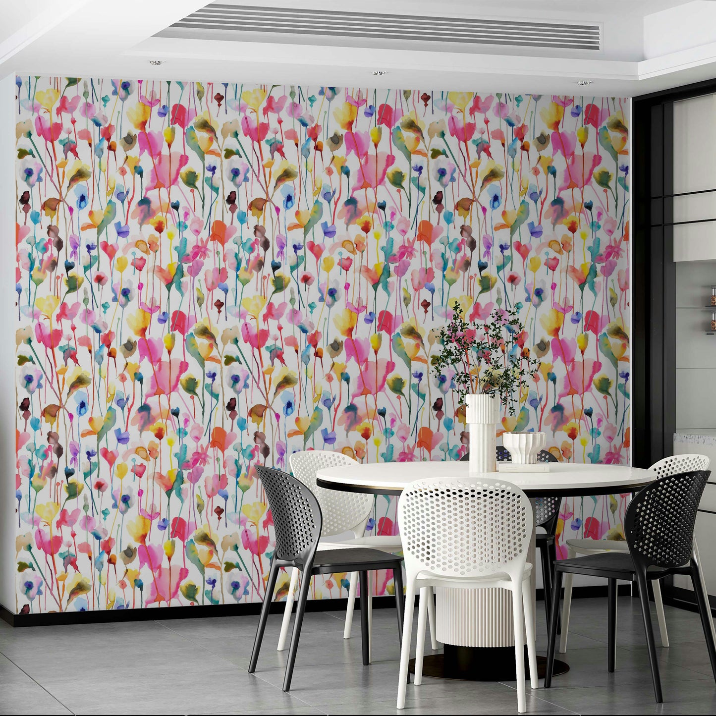 Nature inspired floral wallpaper for a guest room with neutral colour tones.