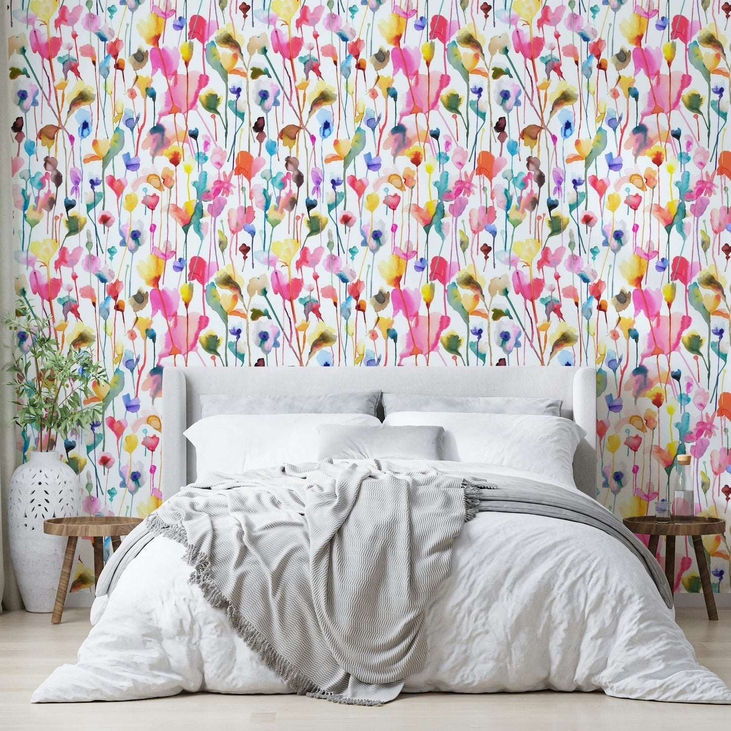 Wild Flowers Watercolor Pink Wallpaper installed in a bathroom with white marble.