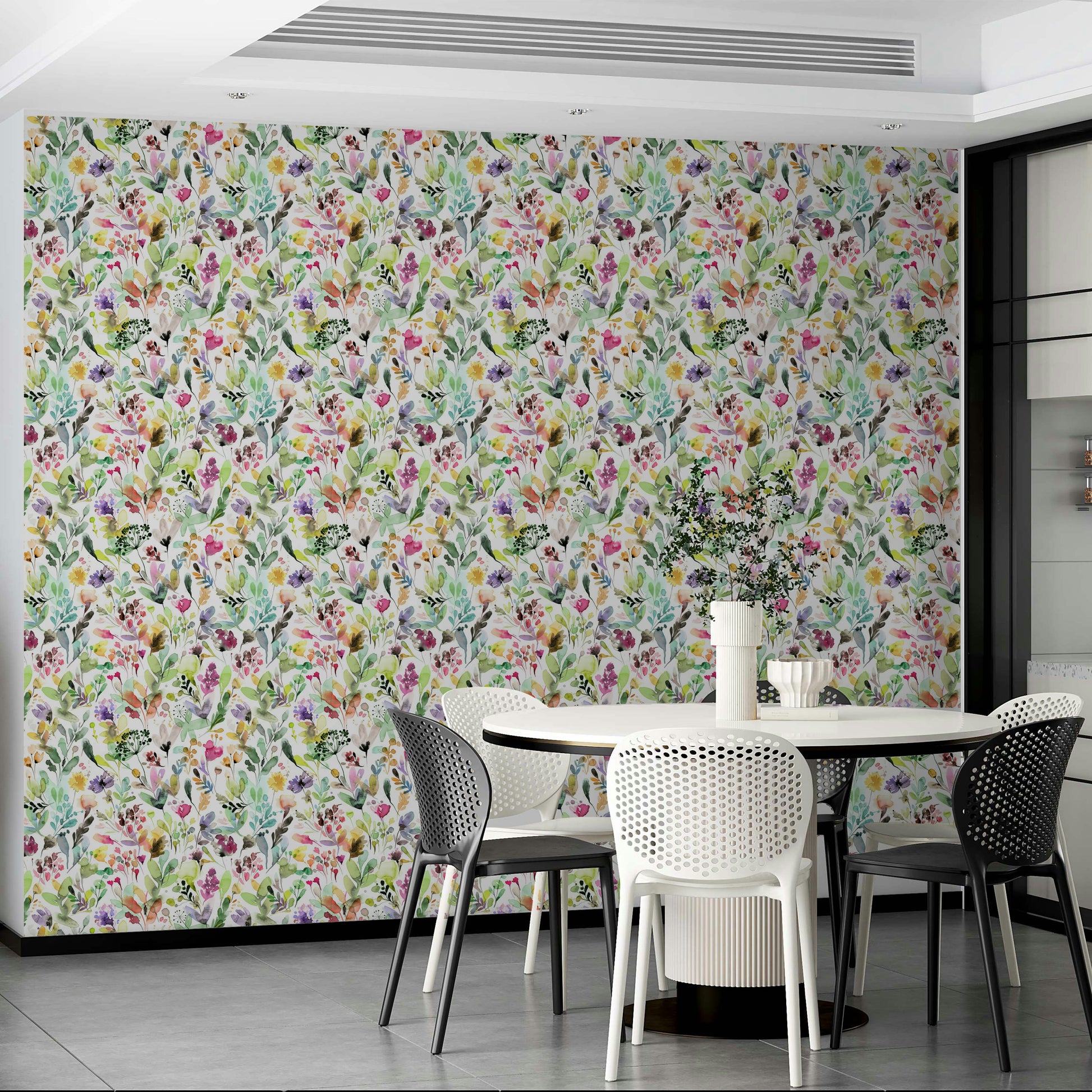 Lush green wallpaper with floral garden artwork

