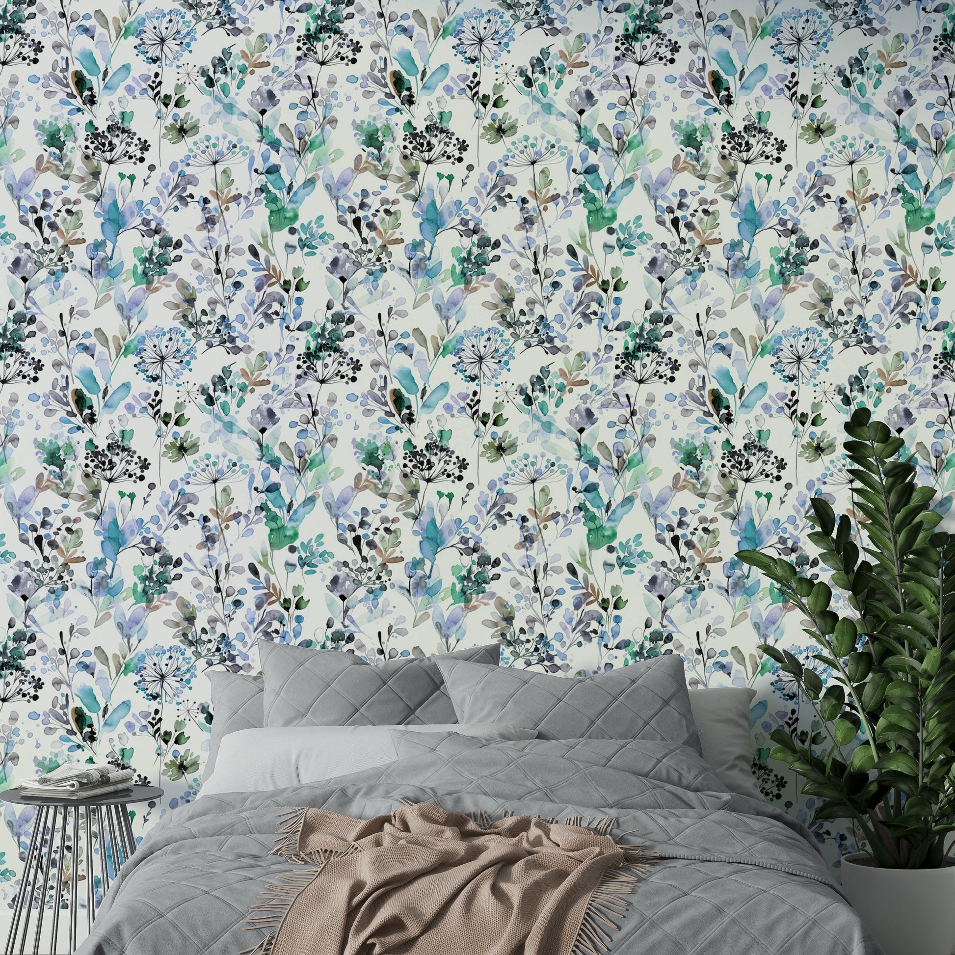 Soft blue botanical colour palette wallpaper for a master bedroom feature wall.