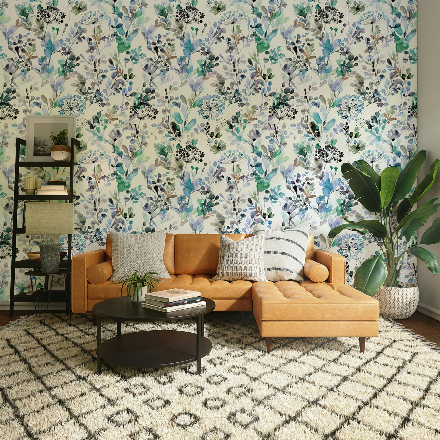 Wild Grasses Blue Wallpaper used in a child’s room with natural wood textures.