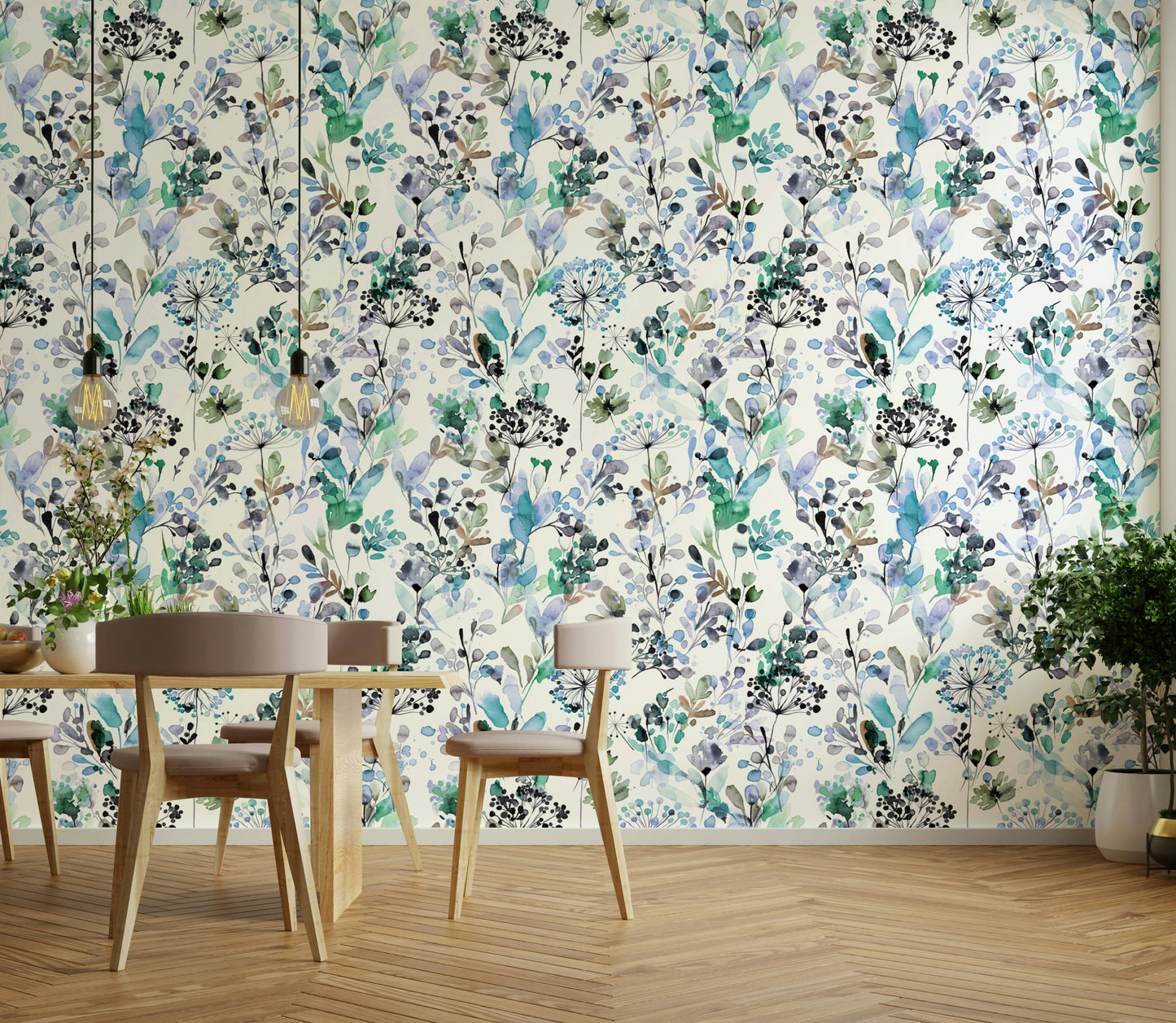 Wild Grasses Blue Wallpaper installed in a bathroom with modern fixtures.