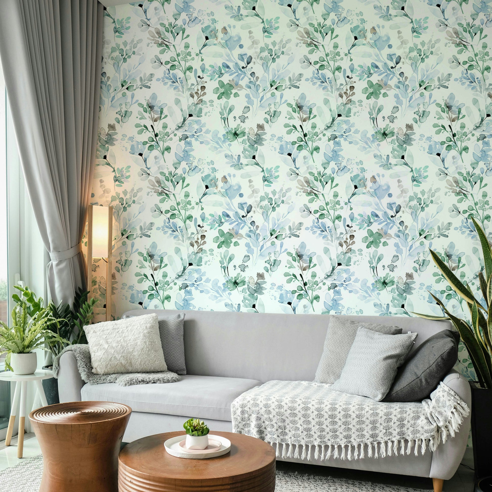 Minimalist botanical wallpaper for a kitchen breakfast nook in a modern apartment.