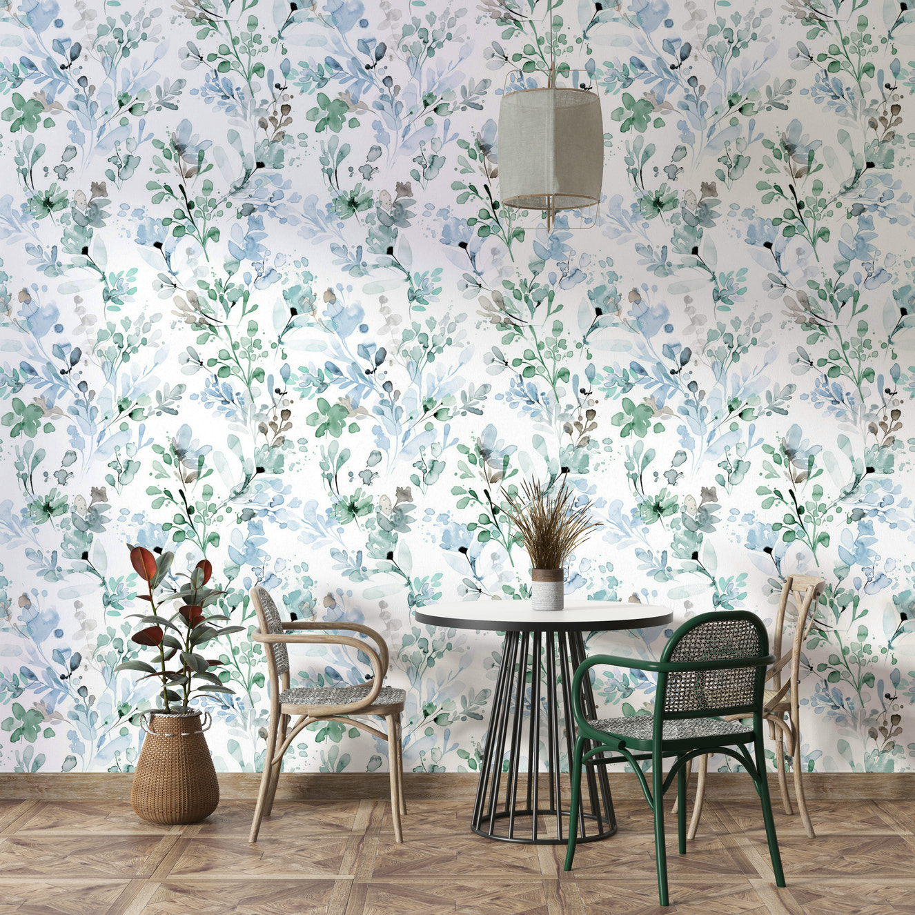 Sage green meadow grass wall covering for a sophisticated dining room with wooden table.