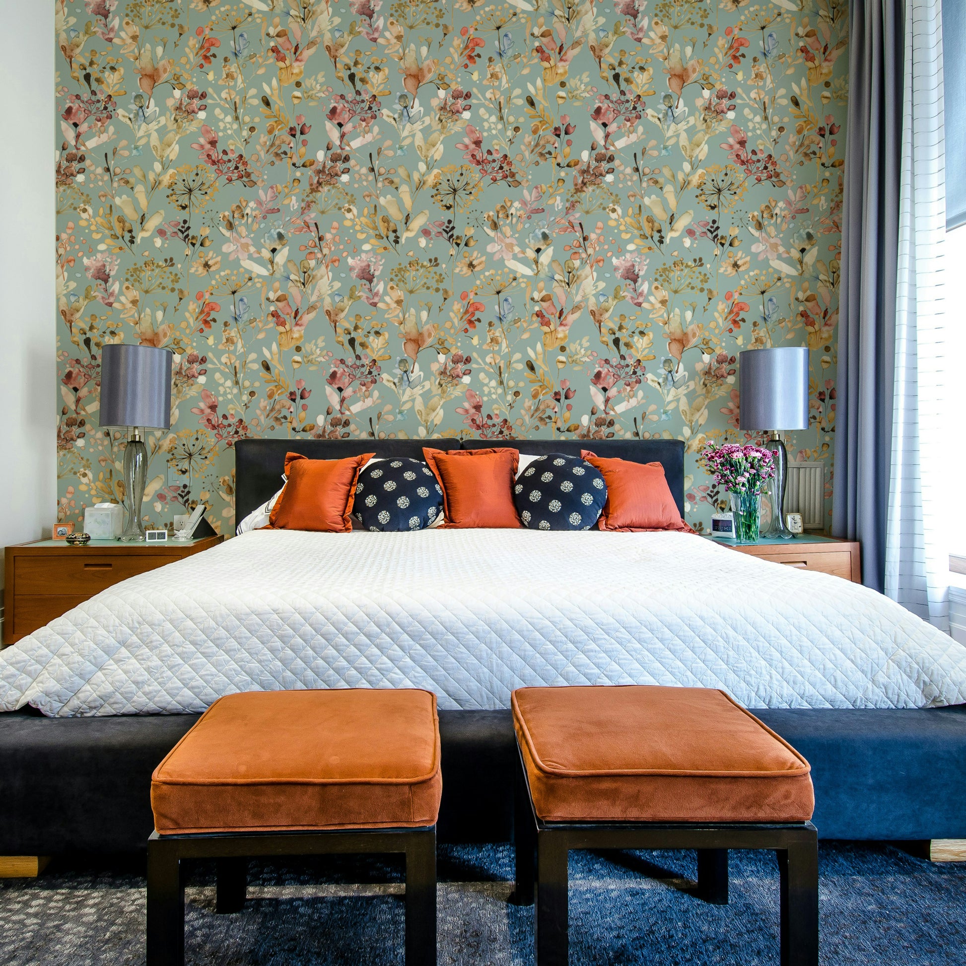 Elegant gold and teal pattern for an entryway wall with minimalist console table.