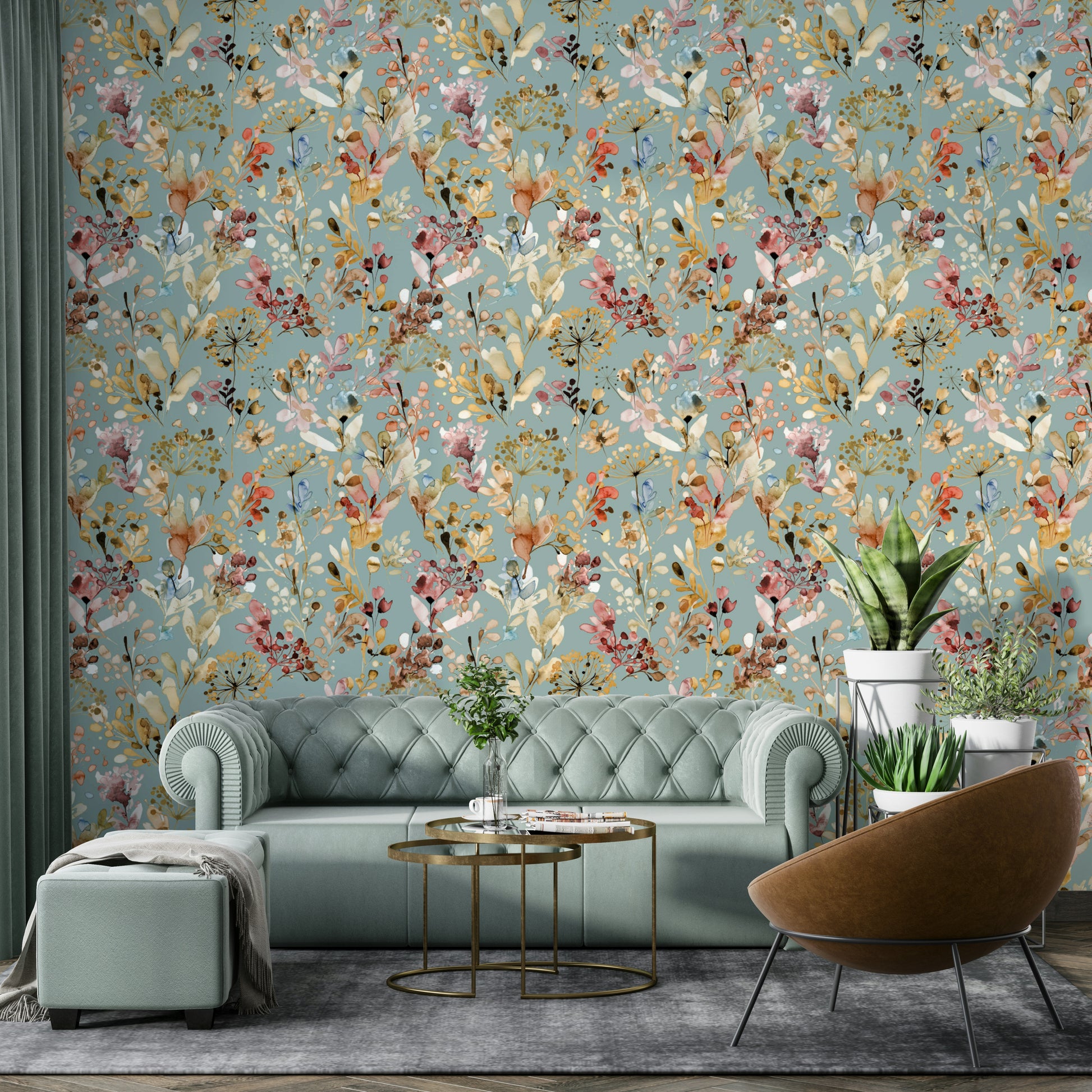 Wild Grasses Vintage Gold Teal Wallpaper as a bold feature wall in a modern apartment.