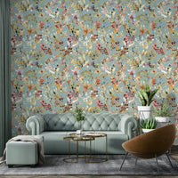 Wild Grasses Vintage Gold Teal Wallpaper as a bold feature wall in a modern apartment.