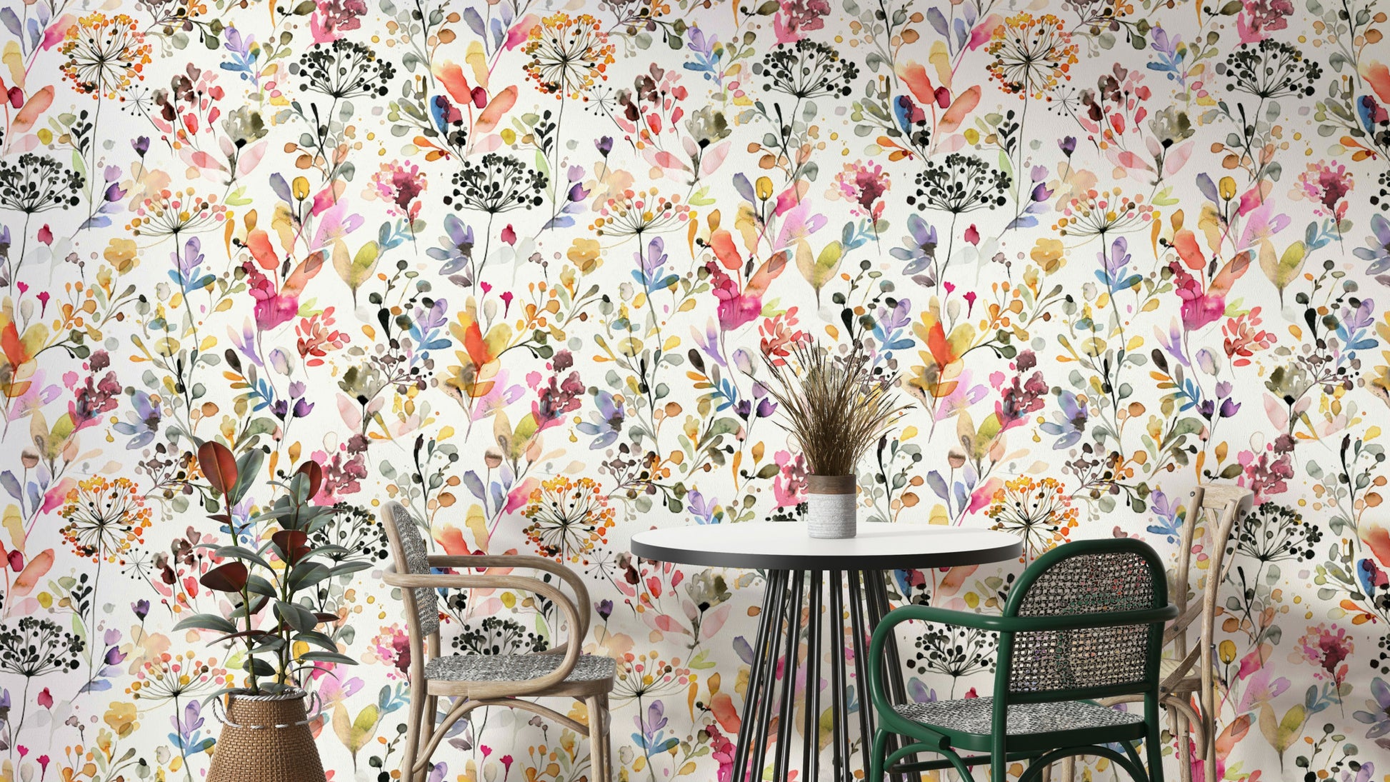 Artistic botanical print in a family bathroom with light grey tiling.