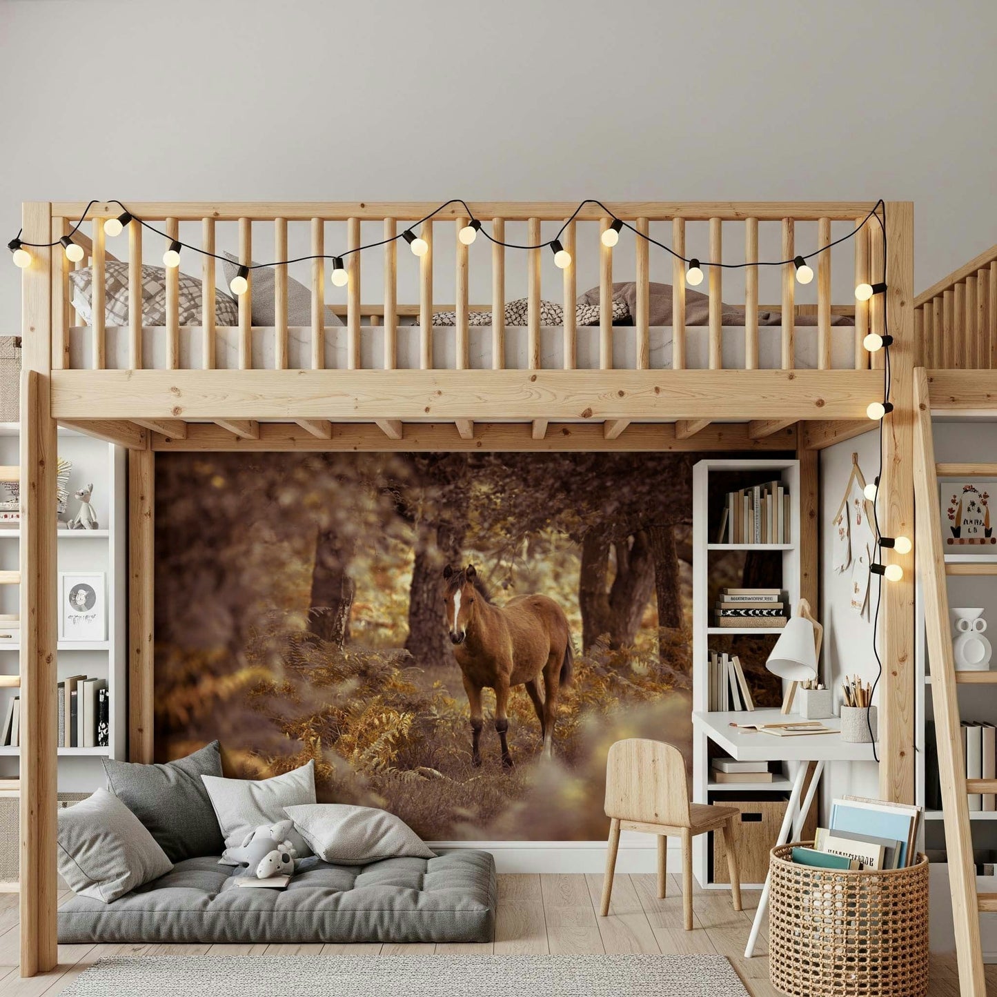 A photorealistic wallpaper portraying a wild horse against a backdrop of textured tree trunks.
