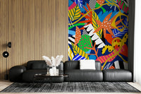 A peaceful wide-angle mural on decorative wallpaper.

