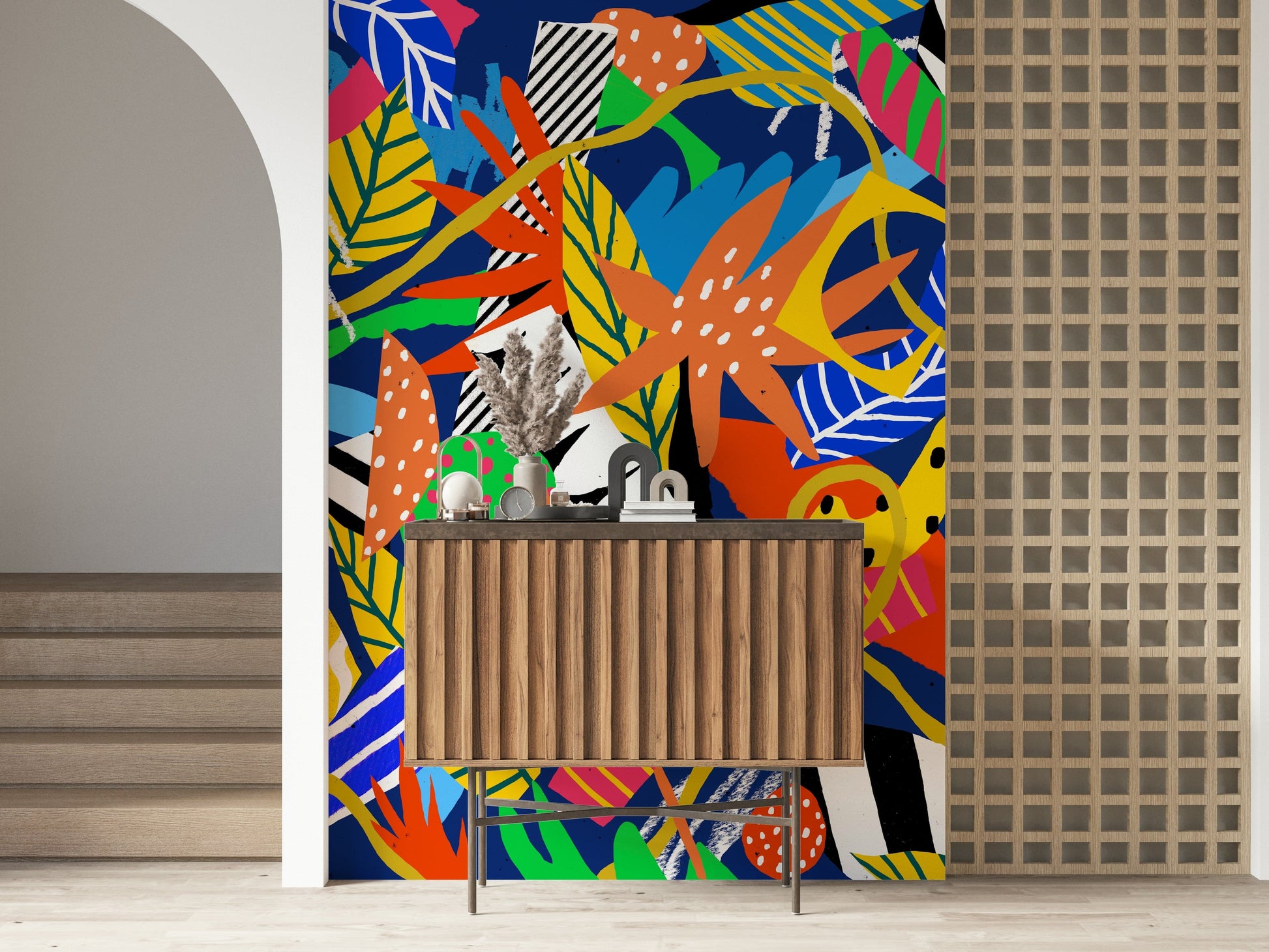 A beautiful lush jungle wallpaper mural for a modern home.

