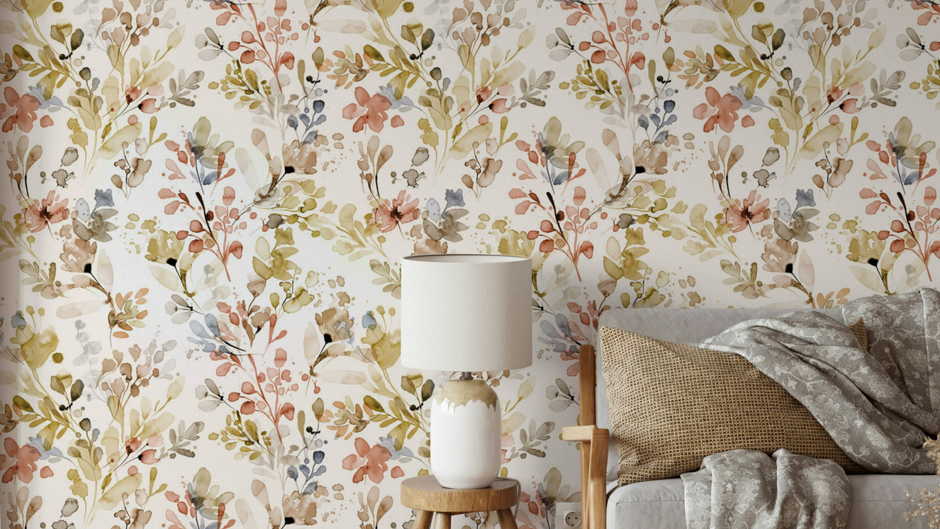 Wild Nature Plants Gold Wallpaper in a formal dining room with dark wood furniture.