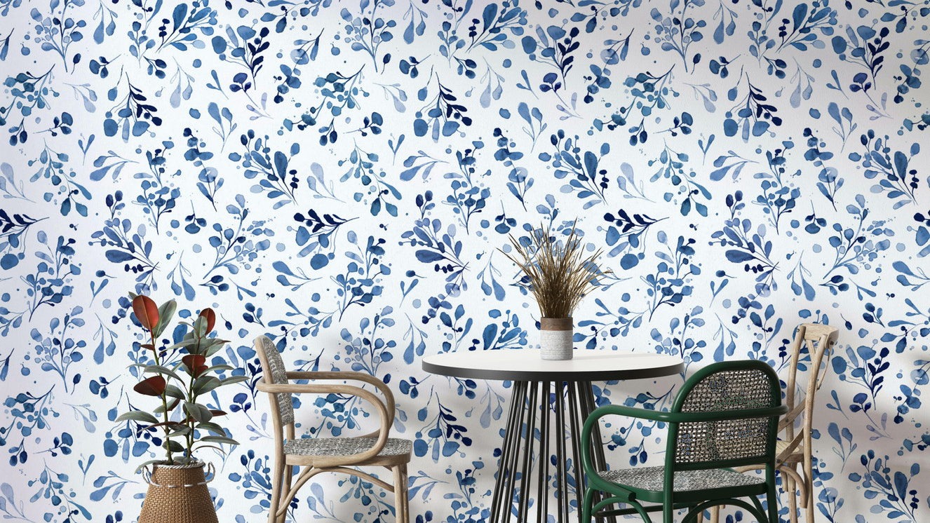 Wild Plants Botanical Nature Relaxing Blue Wallpaper in a modern flat with open plan living.