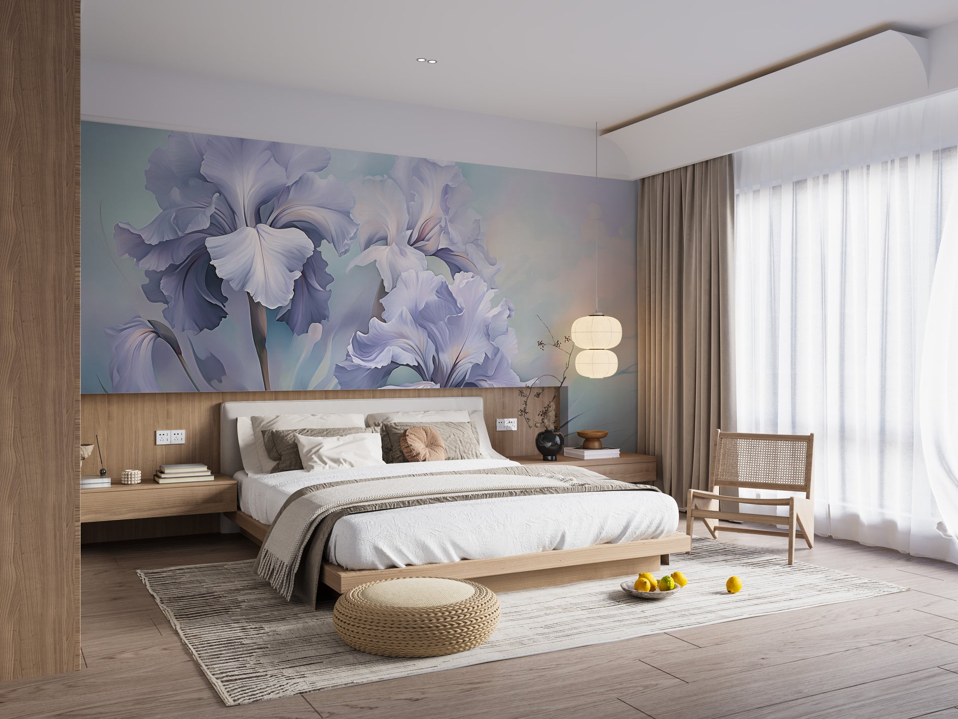 Wild Purple Iris wallpaper mural of soft purple irises behind a white wood platform bed and rattan chair