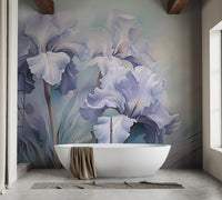 Wild Purple Iris wallpaper mural of large lilac iris blooms behind a white freestanding tub in a bathroom