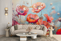 Refresh your walls with the beauty of wild poppies red and blue flower wallpaper.