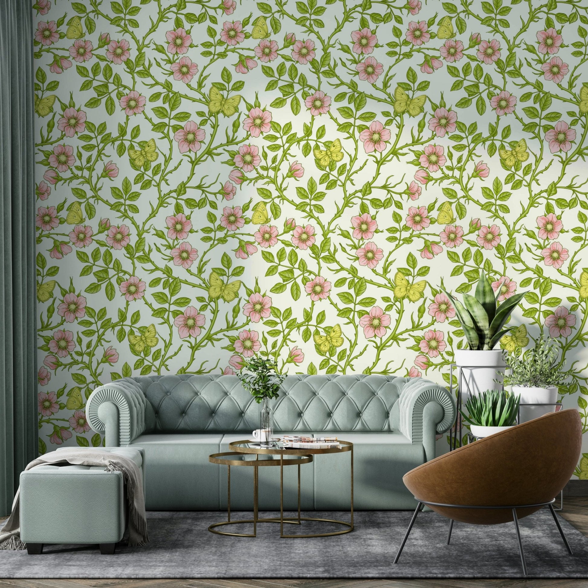 Bright and vibrant wild roses and butterflies wallpaper

