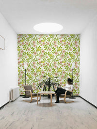 Soft floral wallpaper with wild roses and butterflies

