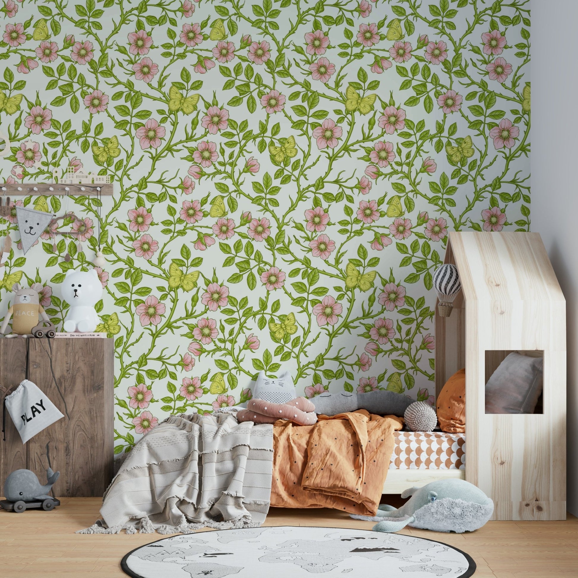 Elegant wild roses and butterflies wallpaper for walls

