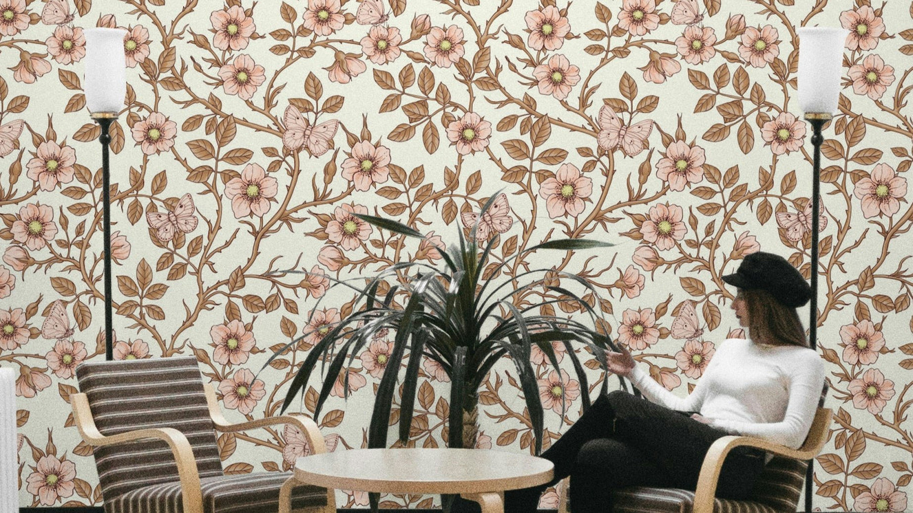 Wild Roses and Butterflies wallpaper in pink and brown

