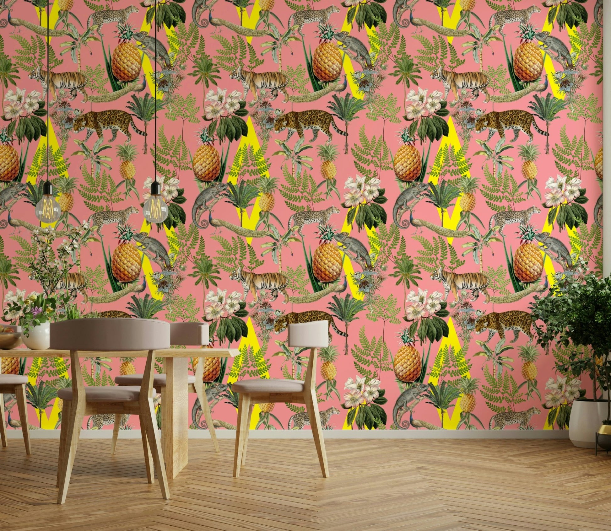 African savanna wallpaper with lions and acacia trees

