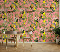 African savanna wallpaper with lions and acacia trees

