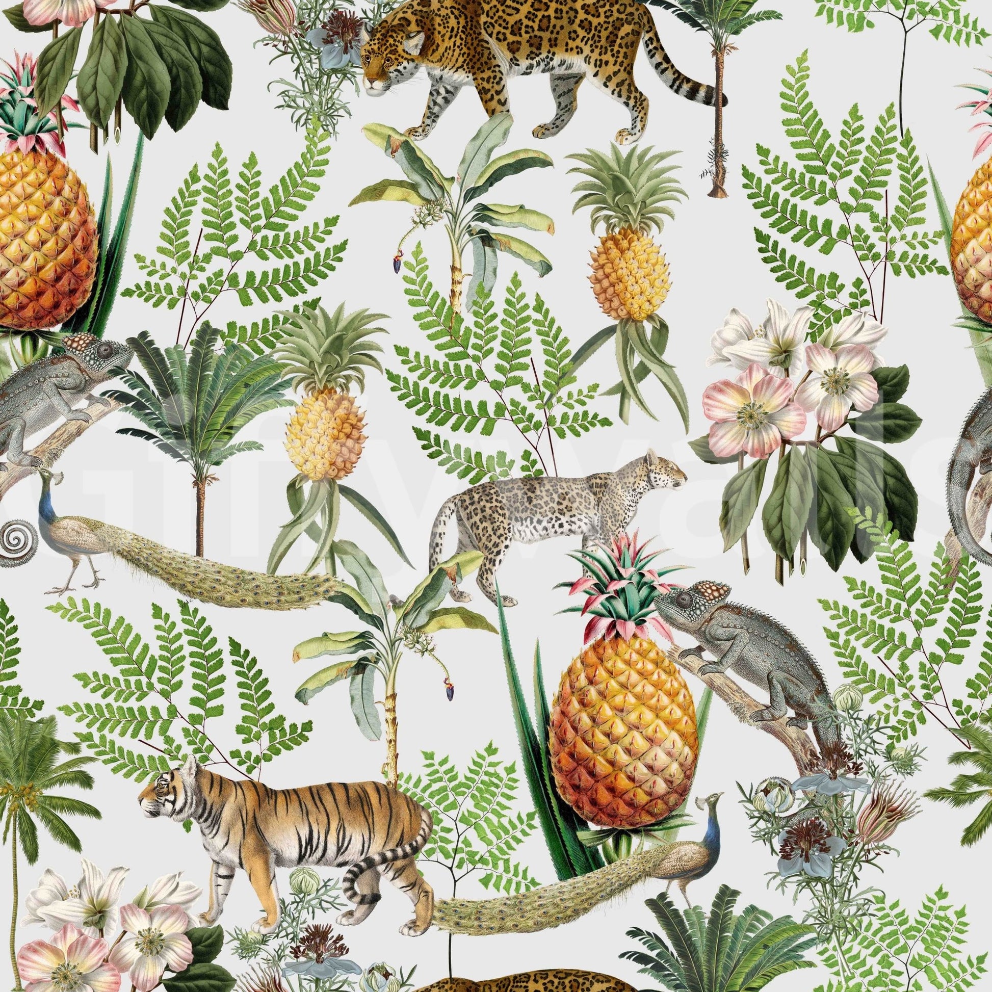 Hand-drawn savanna wildlife in scenic wallpaper

