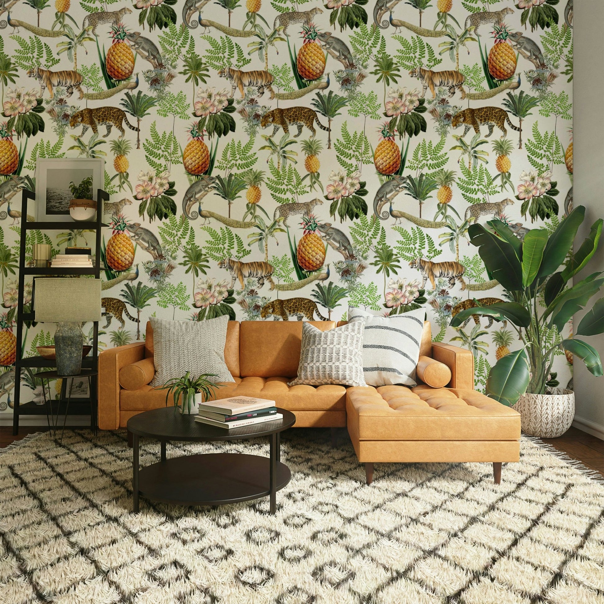 Wild animal wallpaper with tropical foliage elements

