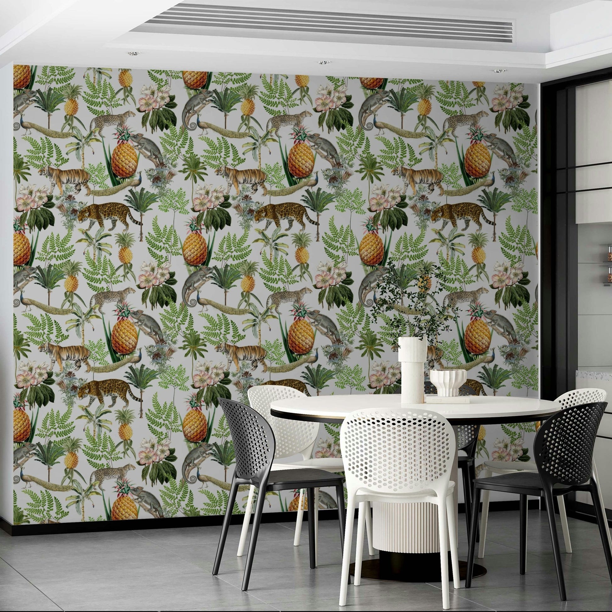 Bold wallpaper featuring lions, zebras, and giraffes

