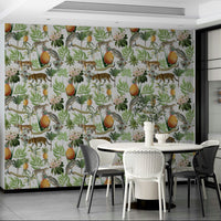 Bold wallpaper featuring lions, zebras, and giraffes


