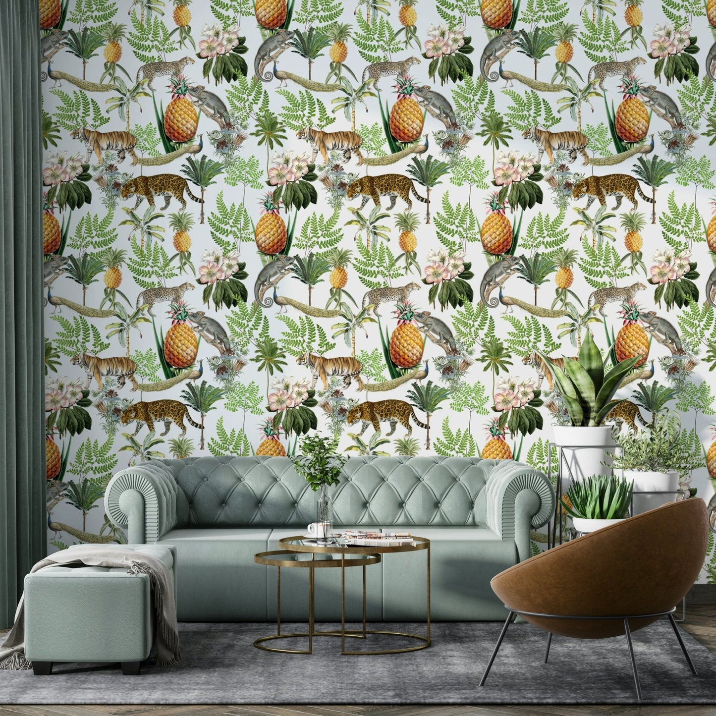 Illustrated safari scene wallpaper in neutral tones

