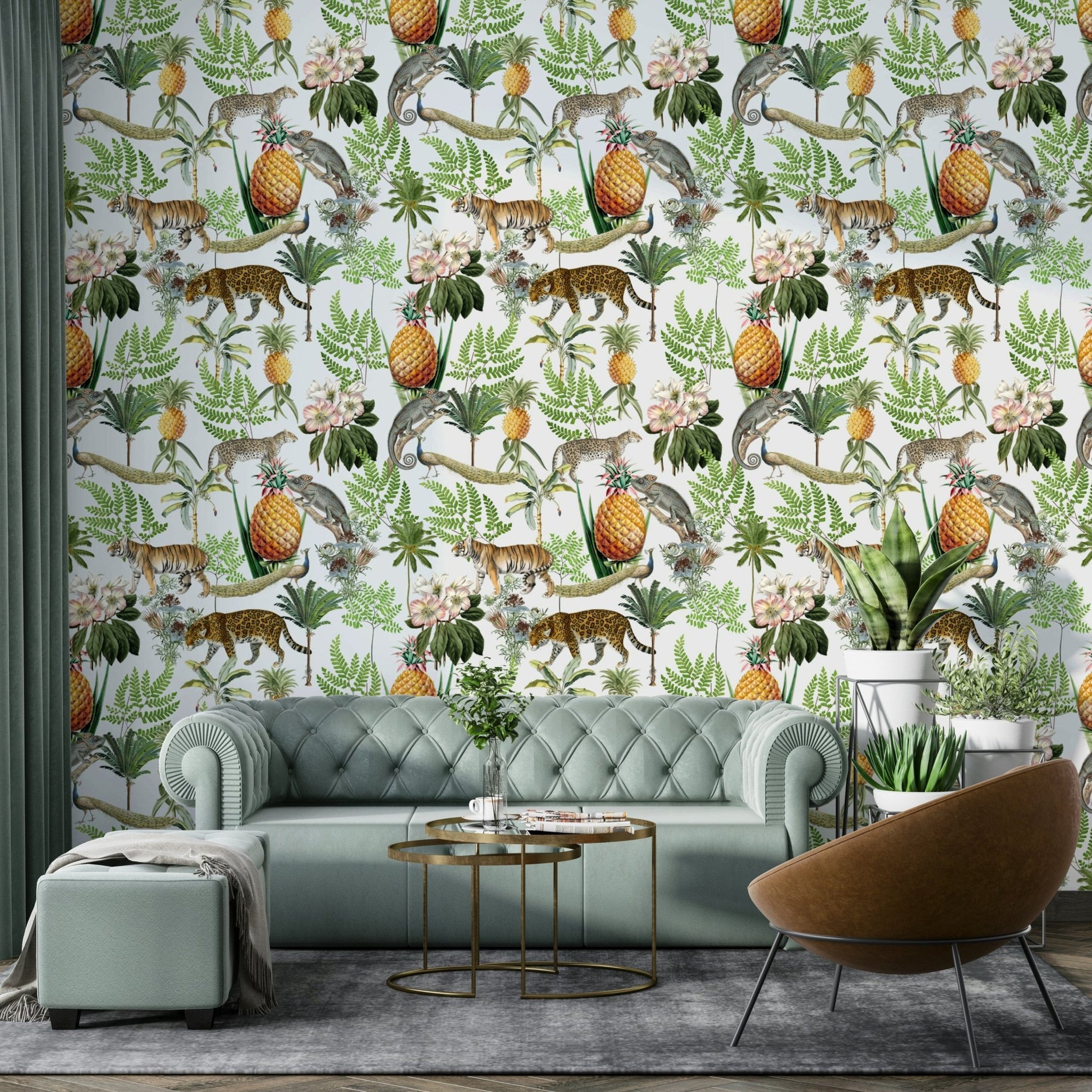 Illustrated safari scene wallpaper in neutral tones

