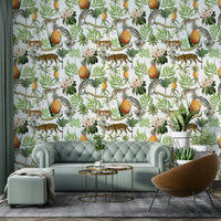 Illustrated safari scene wallpaper in neutral tones

