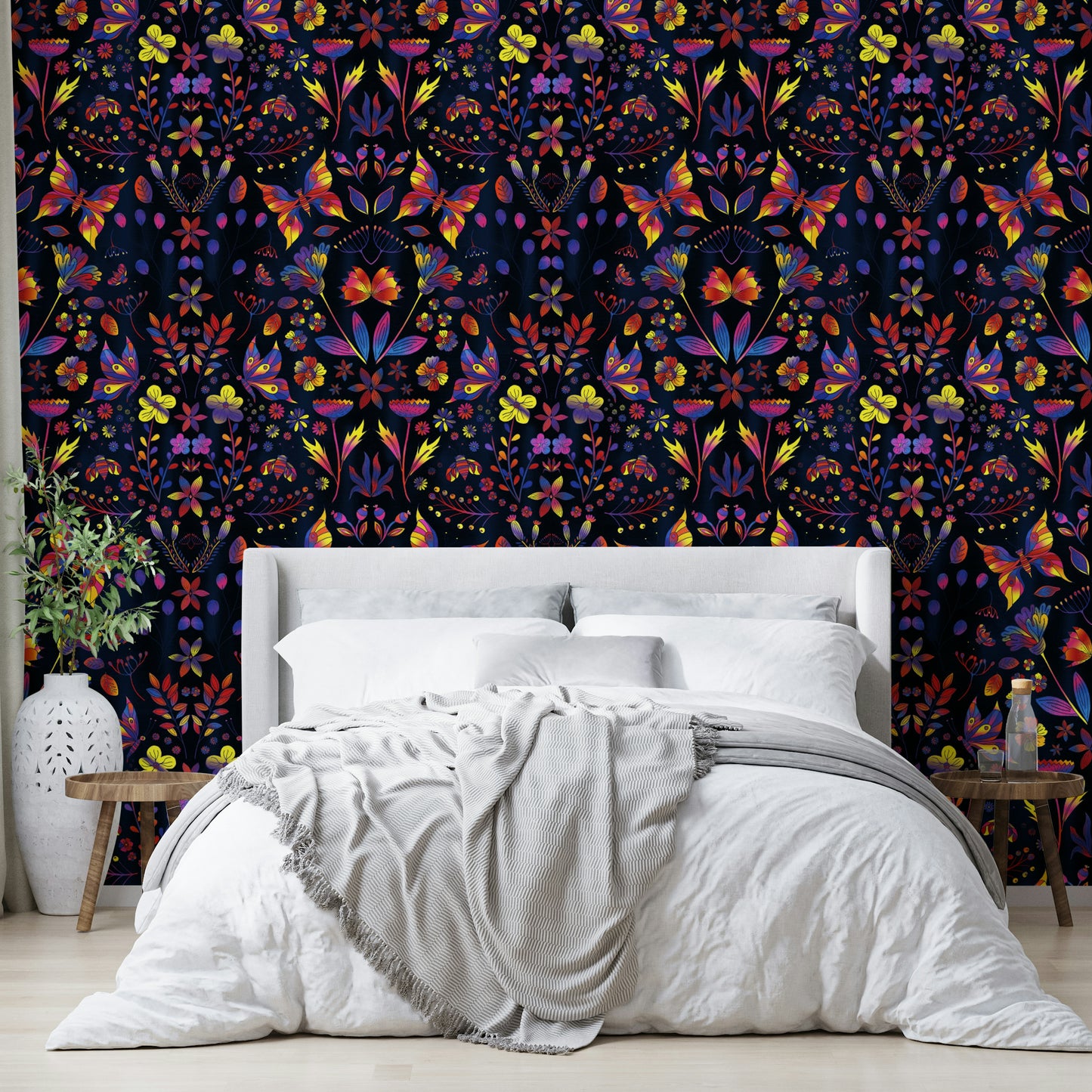 Feature wall with colorful spring garden wallpaper

