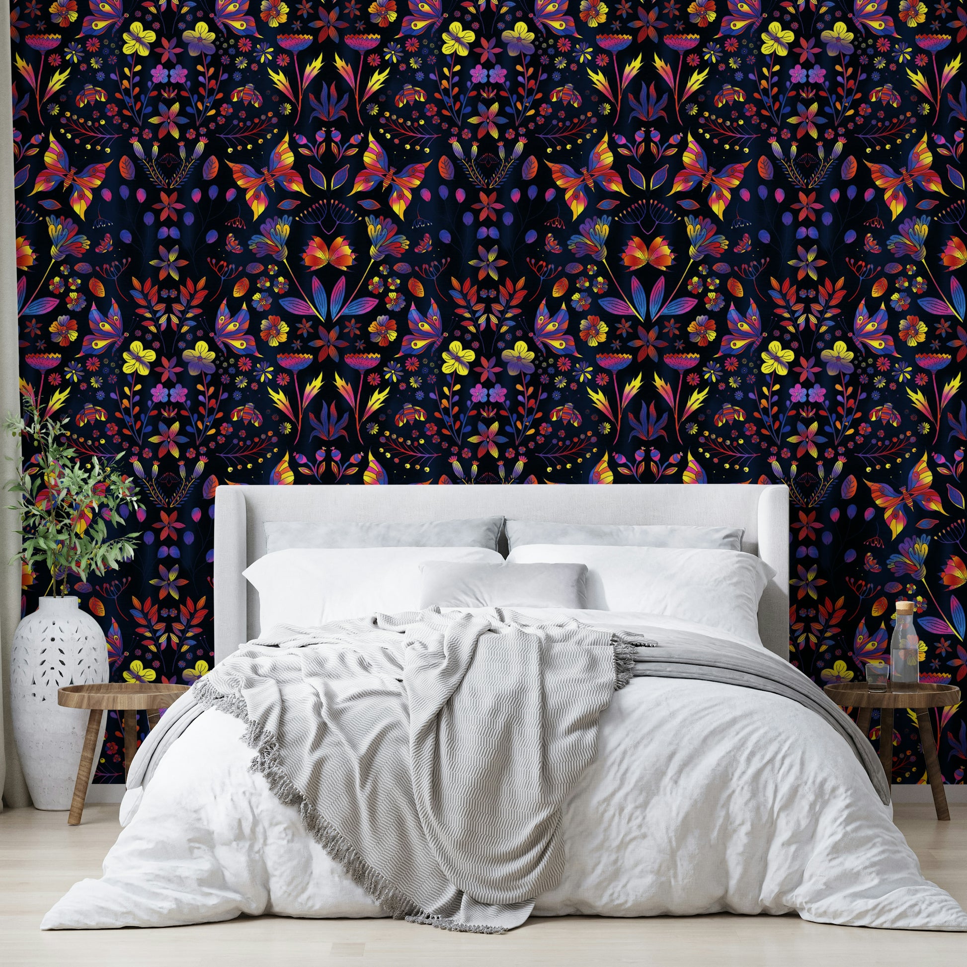 Feature wall with colorful spring garden wallpaper

