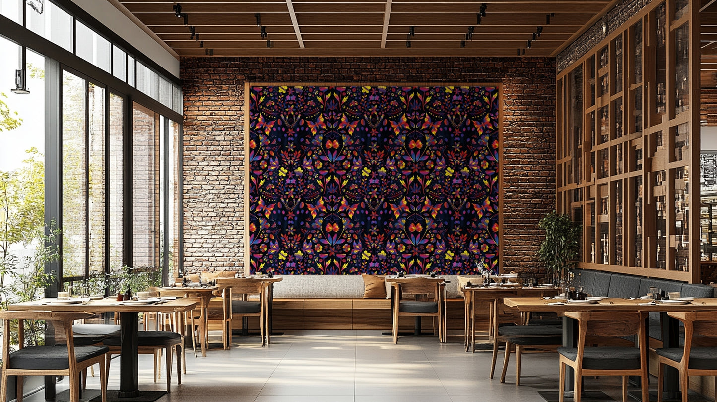 Mural wallpaper with bright flowers and metallic sheen

