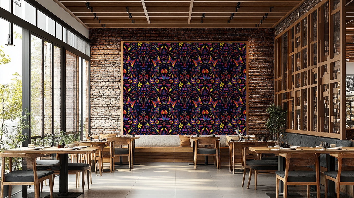 Mural wallpaper with bright flowers and metallic sheen

