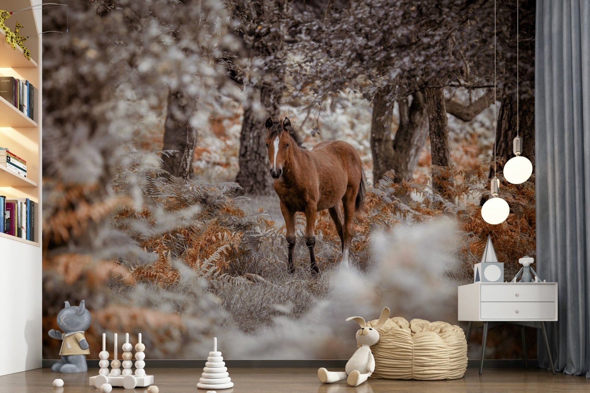 Professional office space featuring a dynamic equine mural for a bold backdrop.