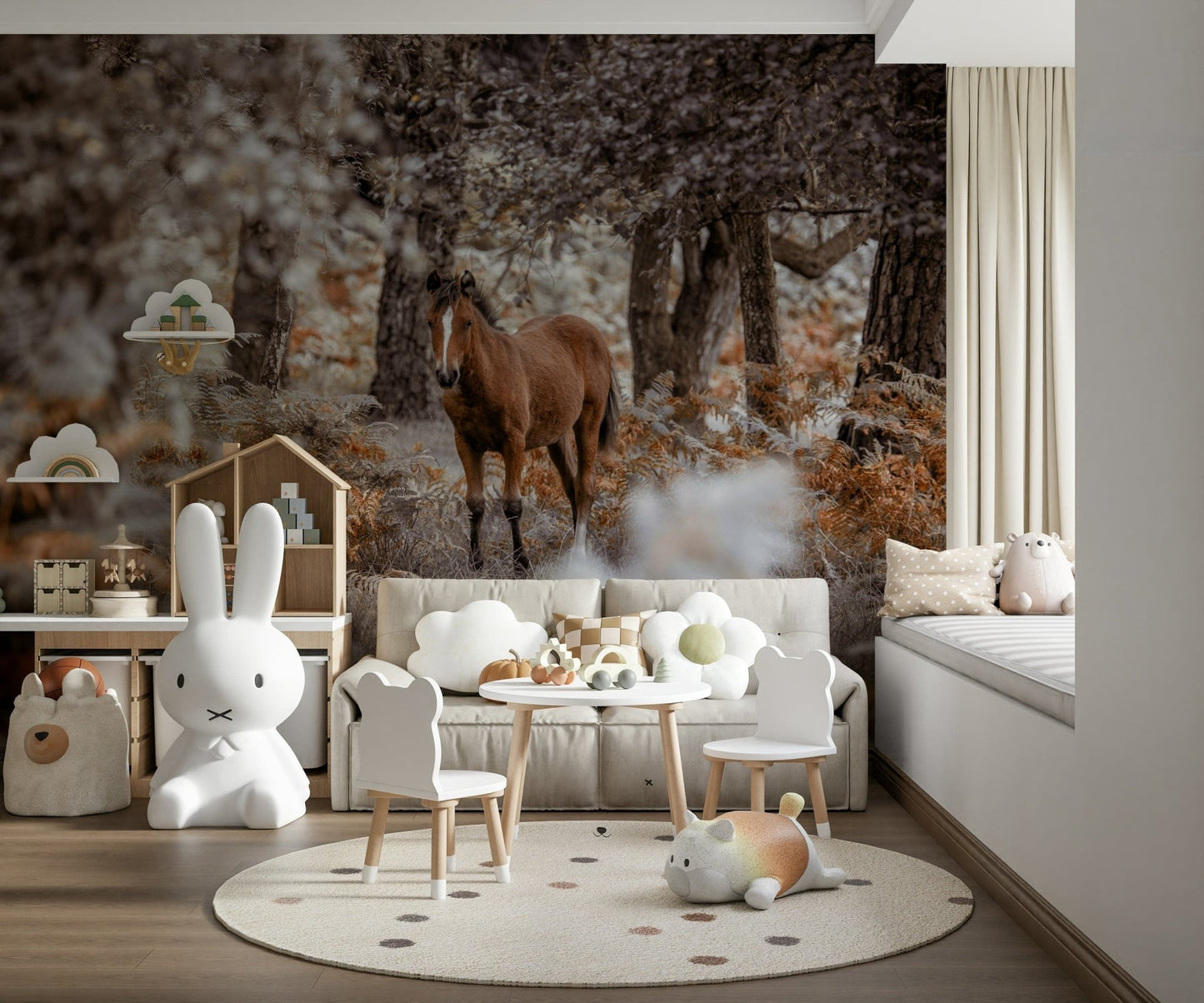 Teen bedroom wall decor with a black and white stallion mural design.