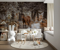 Teen bedroom wall decor with a black and white stallion mural design.