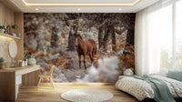 Large scale horse mural in a bright apartment bedroom with neutral bedding.
